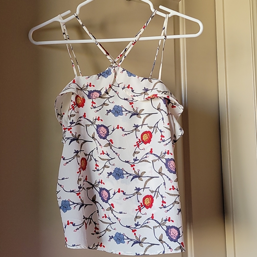 Strappy Floral Print Top with Ruffle - Small